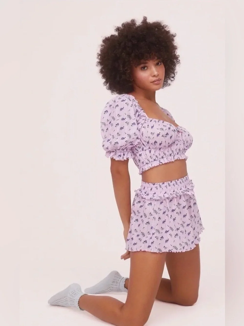 For Love & Lemons Lilac Floral Smocked Crop Top and Shorts Lounge Set - Picture 2 of 10